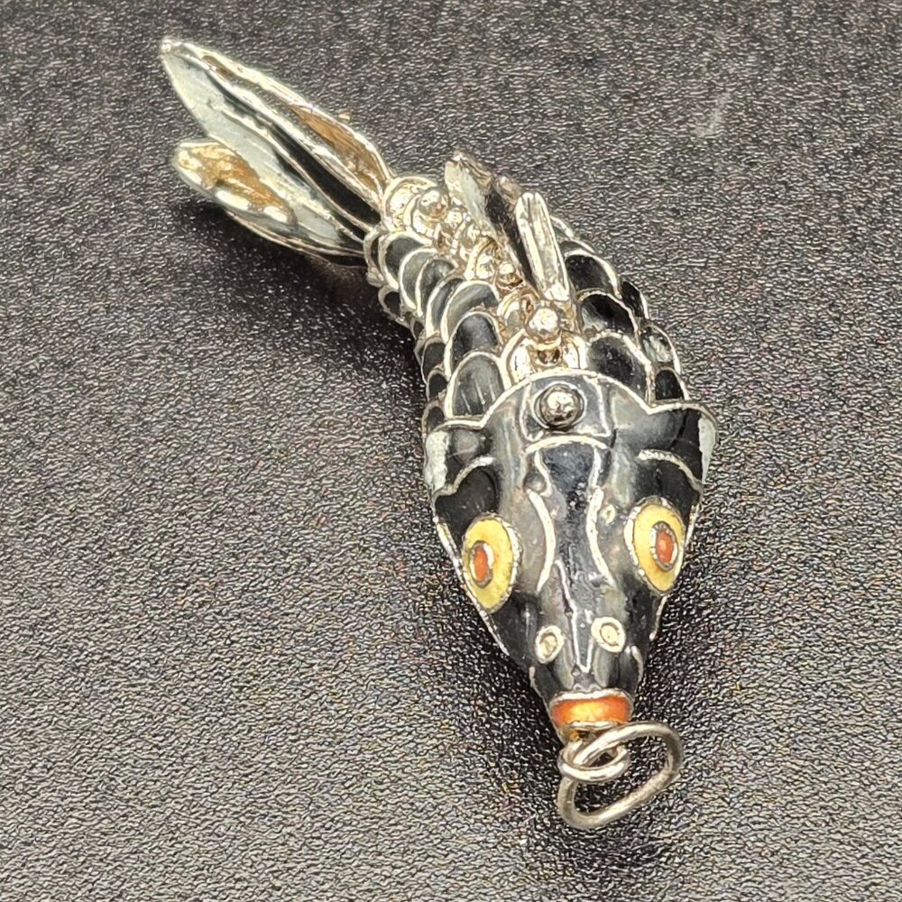 Cloisonné Articulated Black Koi Fish Enameled Pendant Charm 2.75" Vintage